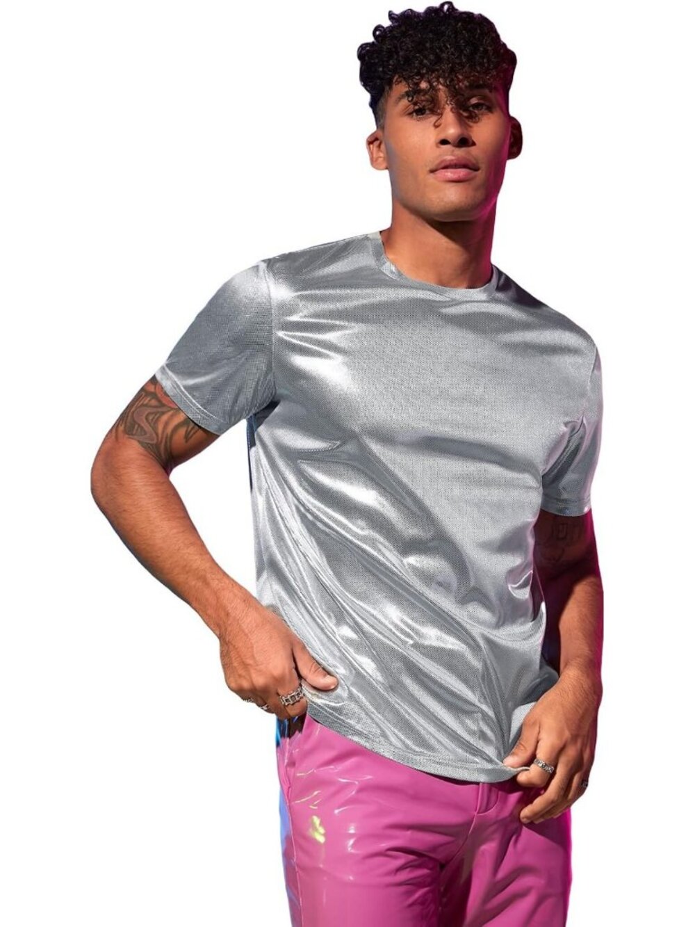 Metallic Round Neck Short Sleeve Tee - Stylish Party T-Shirt for Men